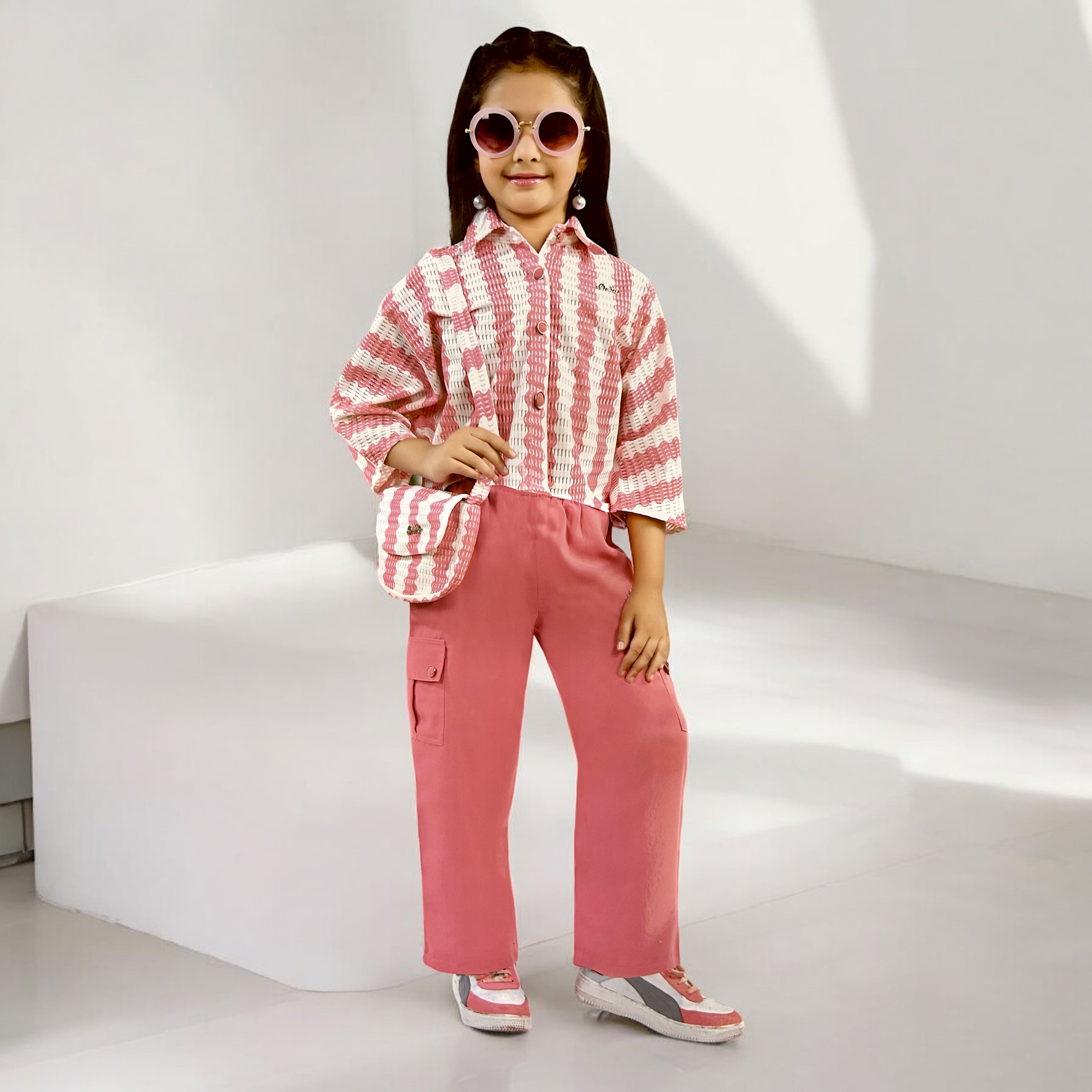 Trendy Striped Shirt and Cargo Pants Set for Girls - ShoppingMood