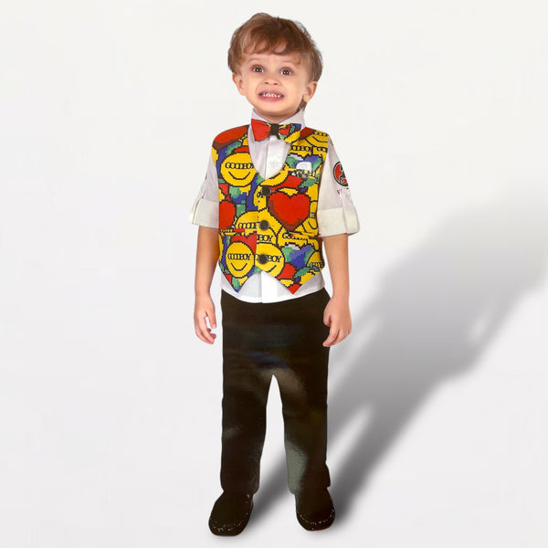 Vibrant "Good Boy" Printed Vest Set with Bow Tie for Boys - ShoppingMood