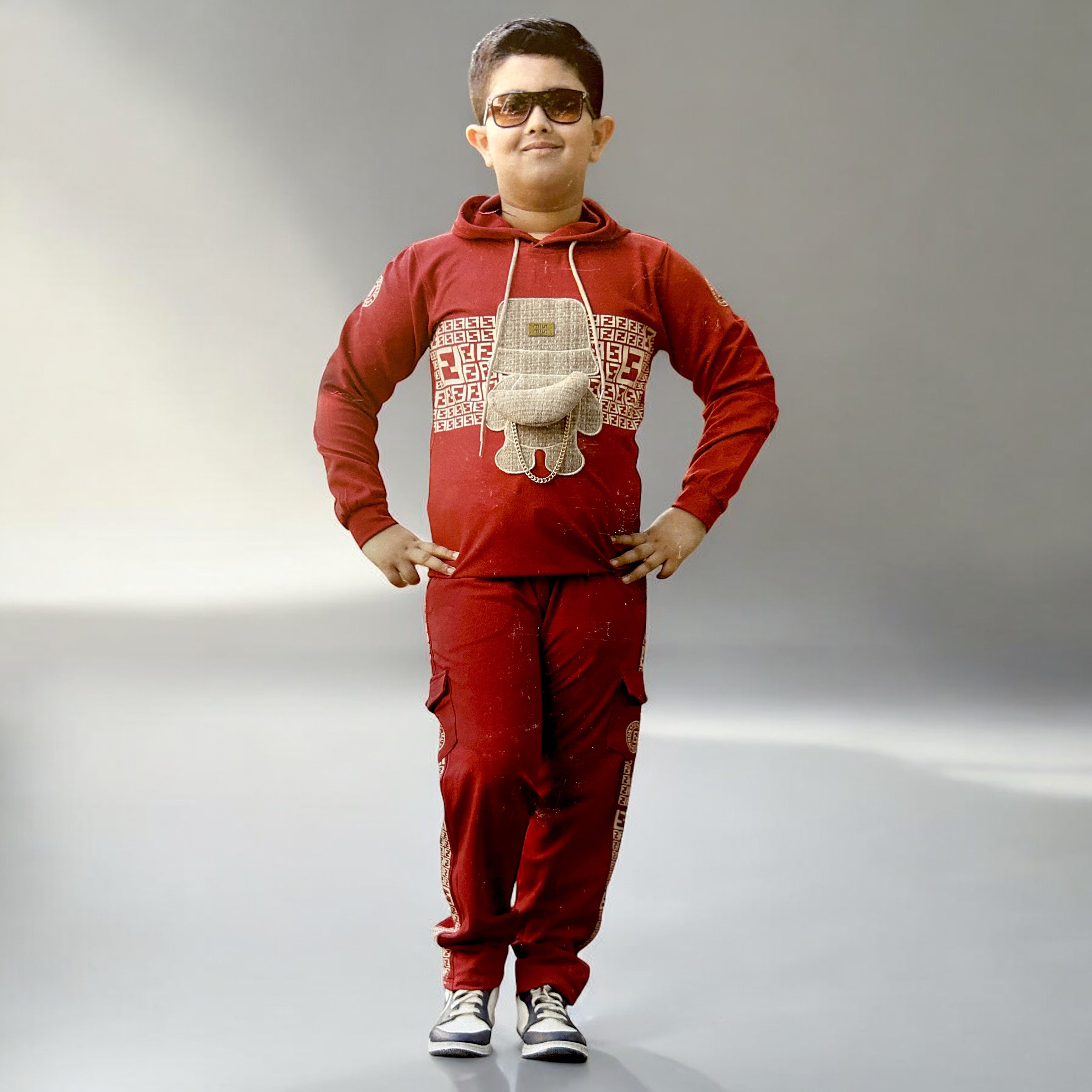 Stylish Red Boys' Hooded Tracksuit with Bear Design - ShoppingMood