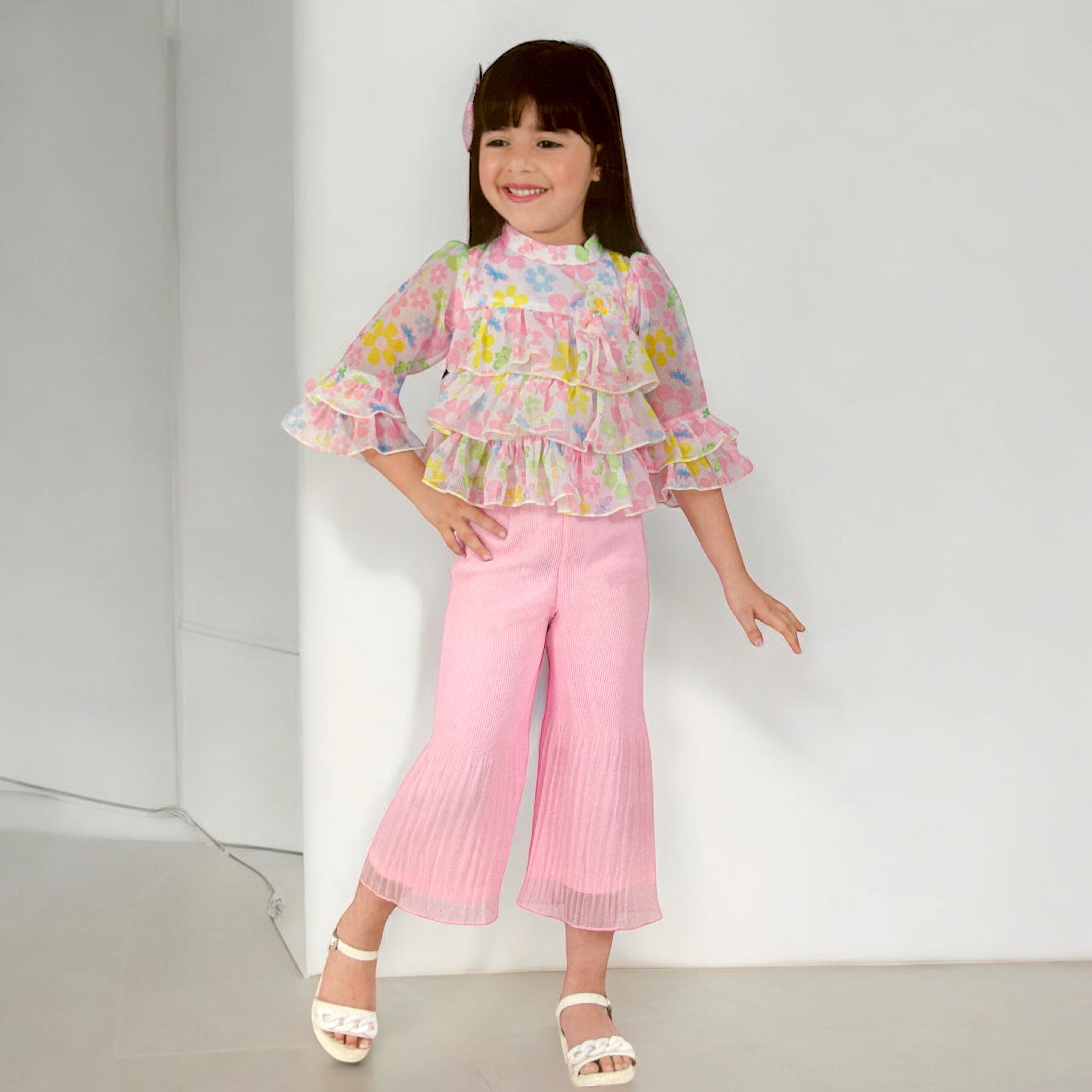 Floral Ruffle Top and Pleated Pants Set for Girls - ShoppingMood