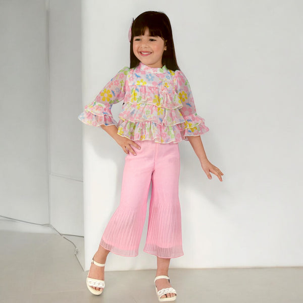 Floral Ruffle Top and Pleated Pants Set for Girls