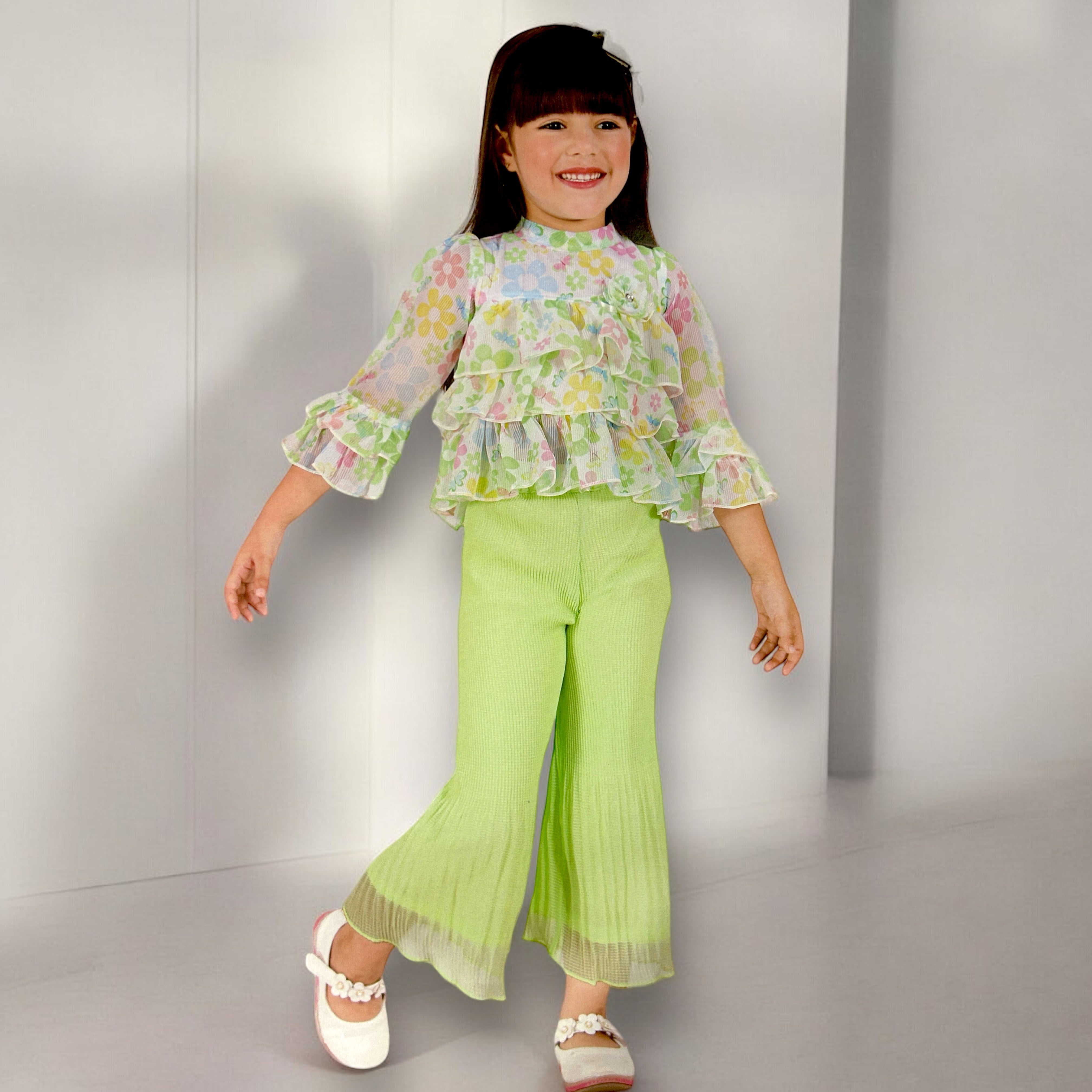 Floral Ruffle Top and Pleated Pants Set for Girls - ShoppingMood