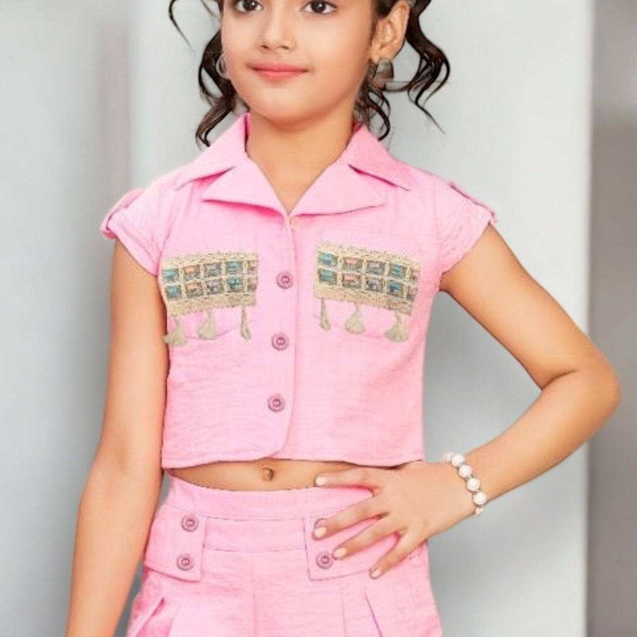 Girls Pink Cotton Capri Set with Handbag - ShoppingMood