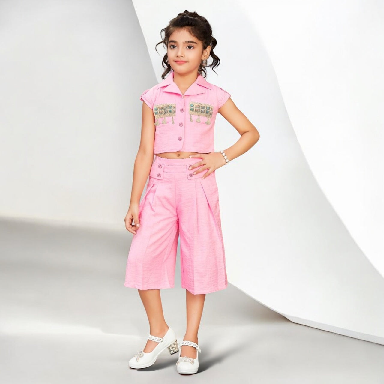 Girls Pink Cotton Capri Set with Handbag - ShoppingMood