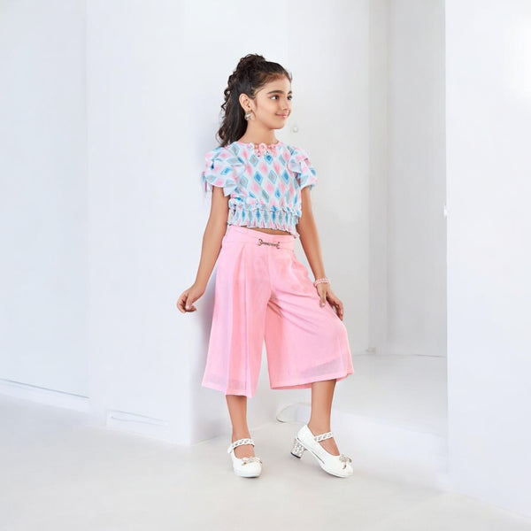 "Girls' Diamond Print Top and  Chiffon Culottes Set