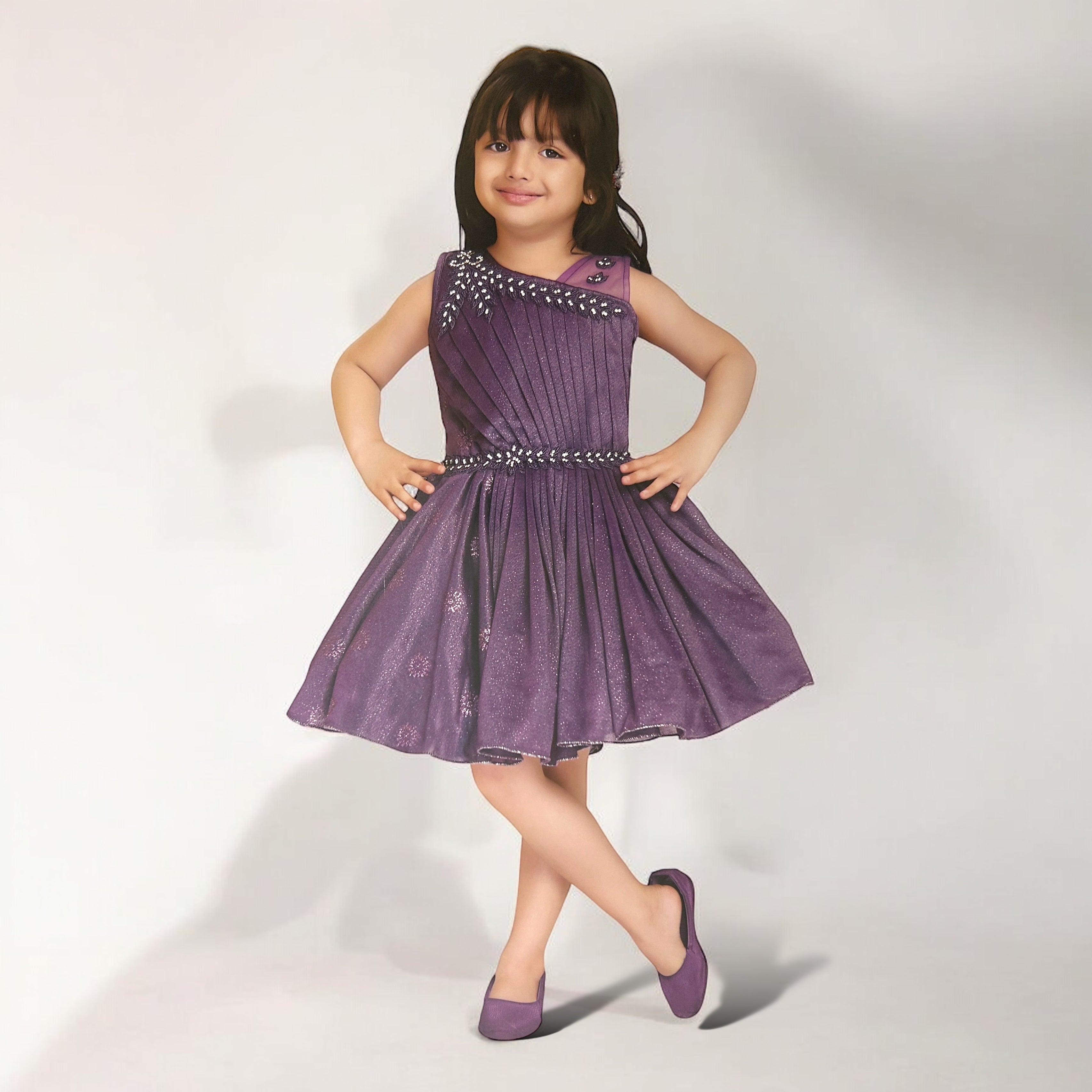 Girls' Elegant Purple Party Frock with Beaded Details - Imported Fabric - ShoppingMood
