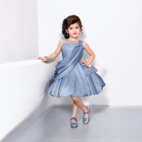 Girls' Sparkling Blue Asymmetric Party Frock with Matching Bag - Imported Fabric - ShoppingMood