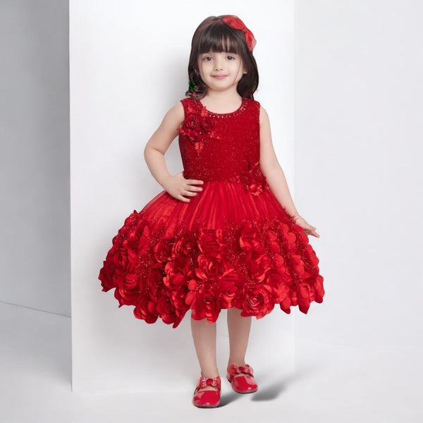 Girls' Radiant Red Floral Party Frock - Imported Fabric - ShoppingMood