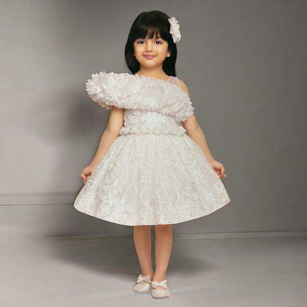Girls' Elegant White One-Shoulder Floral Party Frock - Imported Fabric