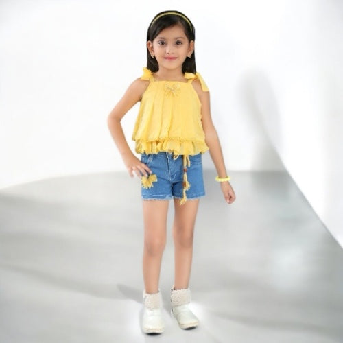 Stylish  Cotton Top with Denim Shorts Set for Girls