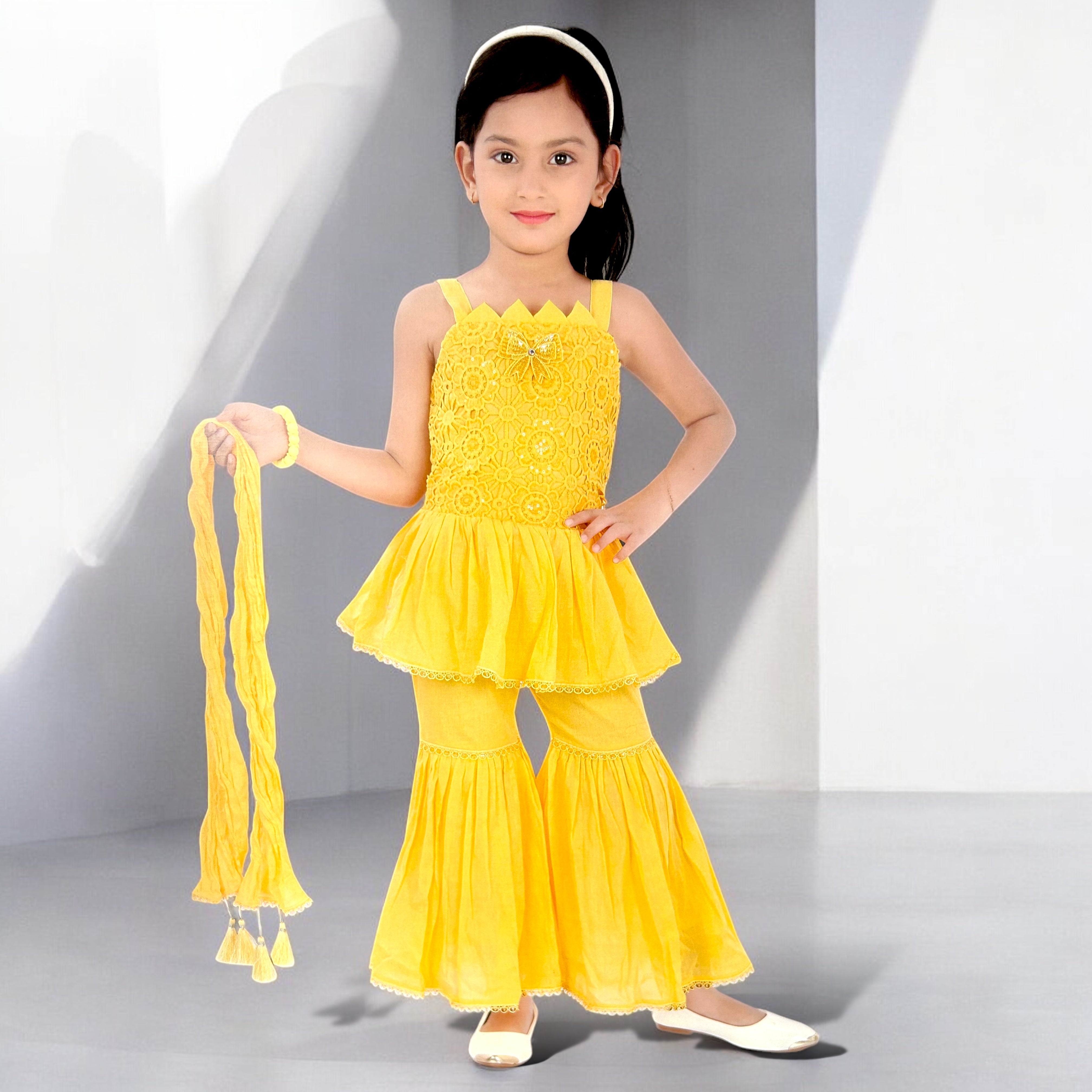 Bright Yellow Cotton Sahara for Girls - ShoppingMood