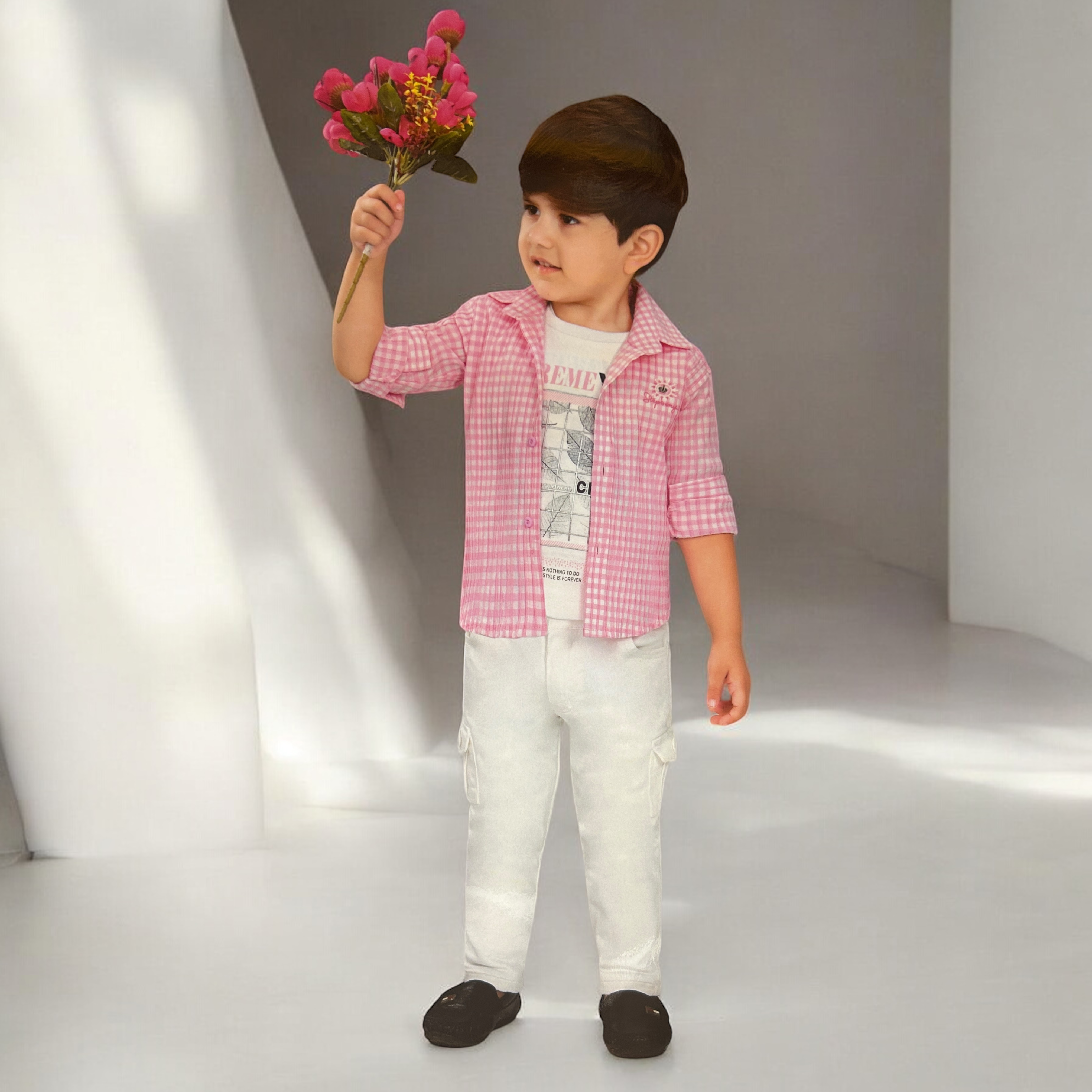 Casual Pink Gingham Shirt and Cargo Pants Set for Boys - ShoppingMood