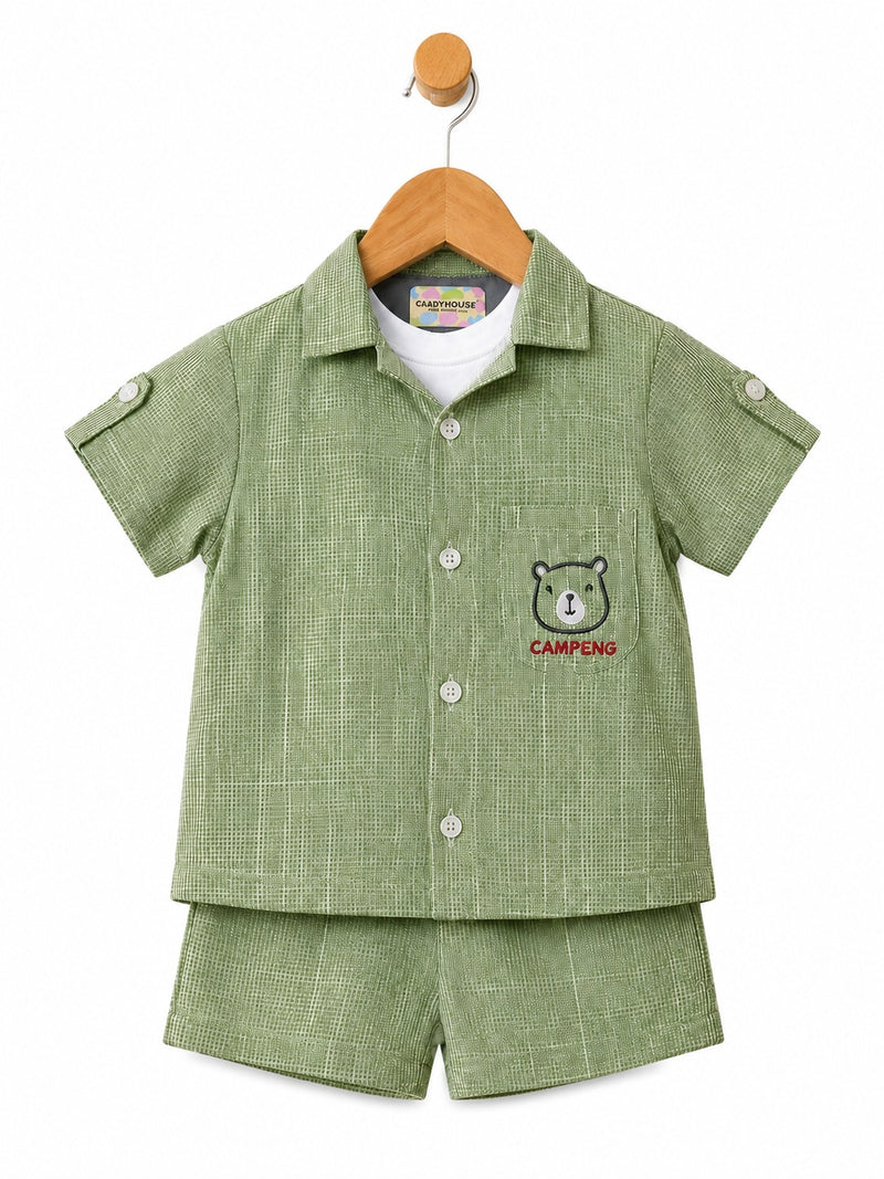 Pure Cotton Baby Co-Ord Set | Green Checked Shirt, T-Shirt & Shorts | Unisex Baby Wear