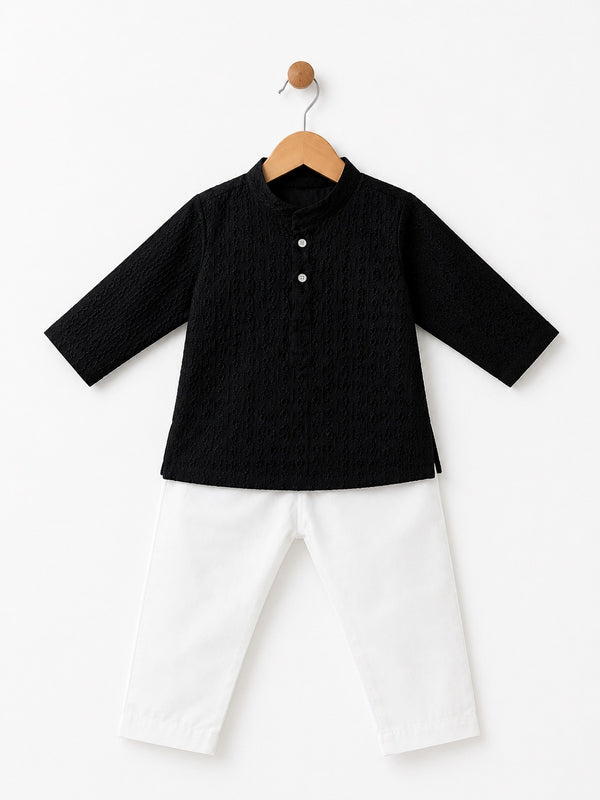 Black Cotton Embroidered Kurta with White Pajama Set for Baby Boys