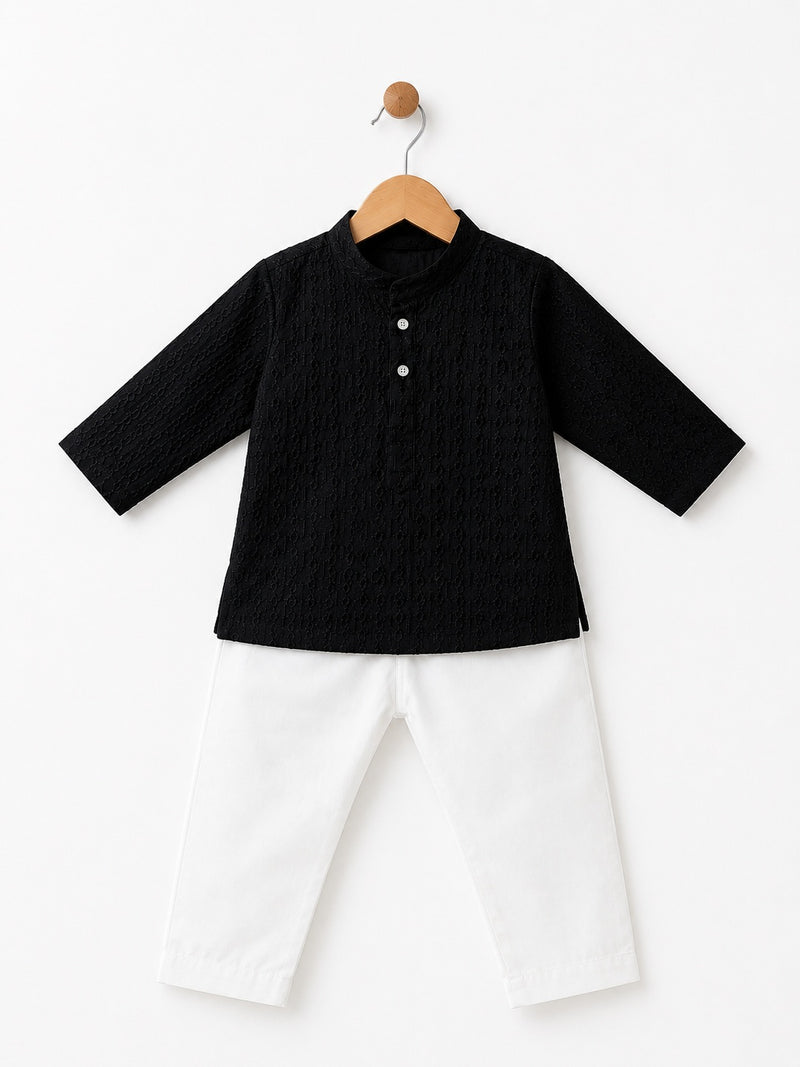 Black Cotton Embroidered Kurta with White Pajama Set for Baby Boys